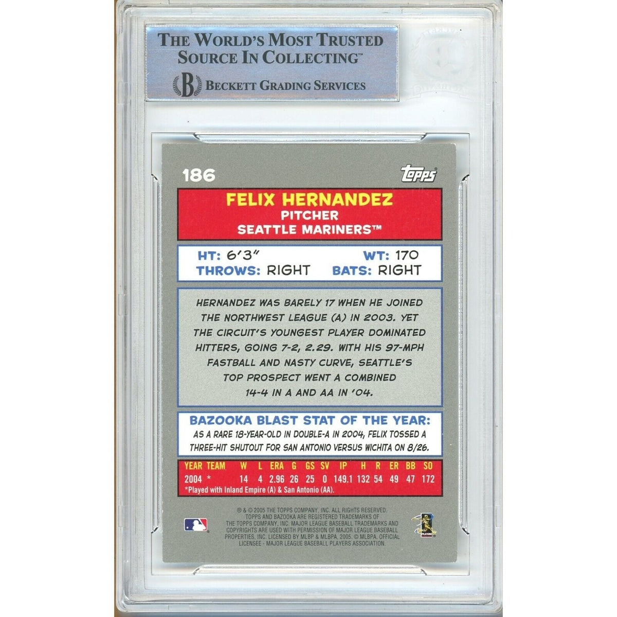 Felix Hernandez Topps Bazooka Signed Trading Card Beckett BAS