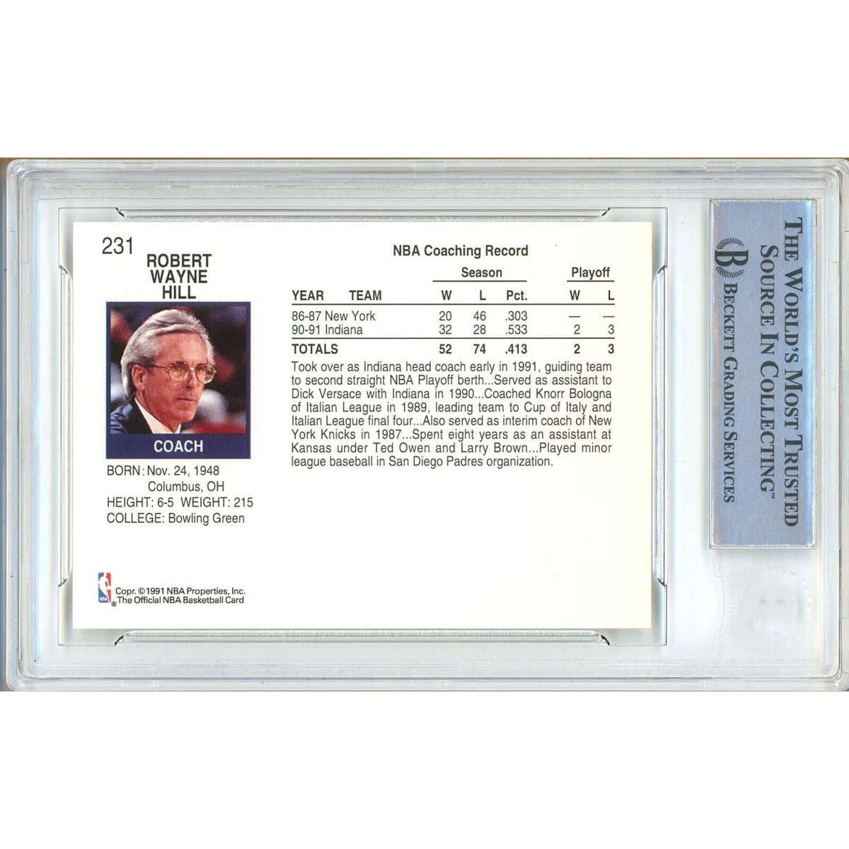 Bob Hill Indiana Pacers Autographed Signed Trading Card Beckett BAS