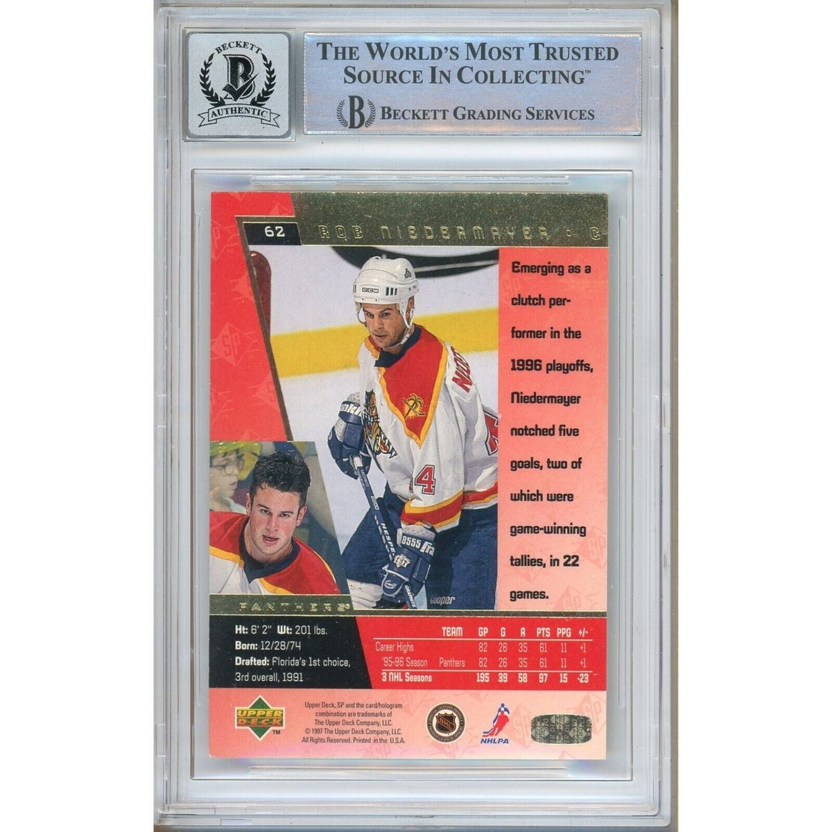 Rob Niedermayer Florida Panthers Signed Trading Card Beckett BGS