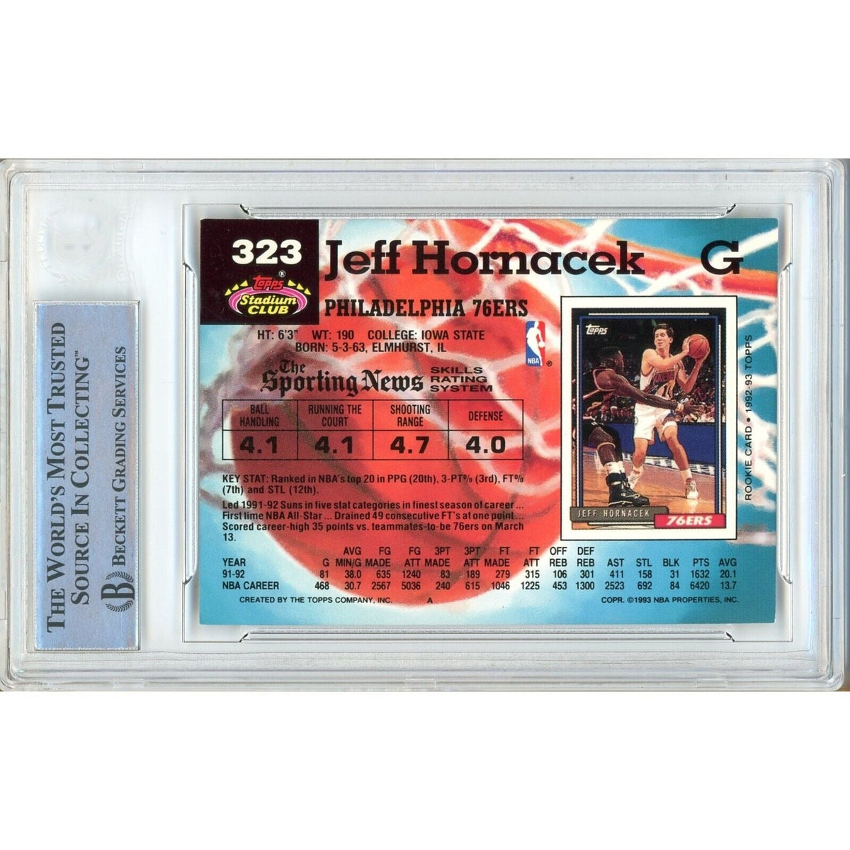 Jeff Hornacek Topps Stadium Club Signed Trading Card Beckett BAS