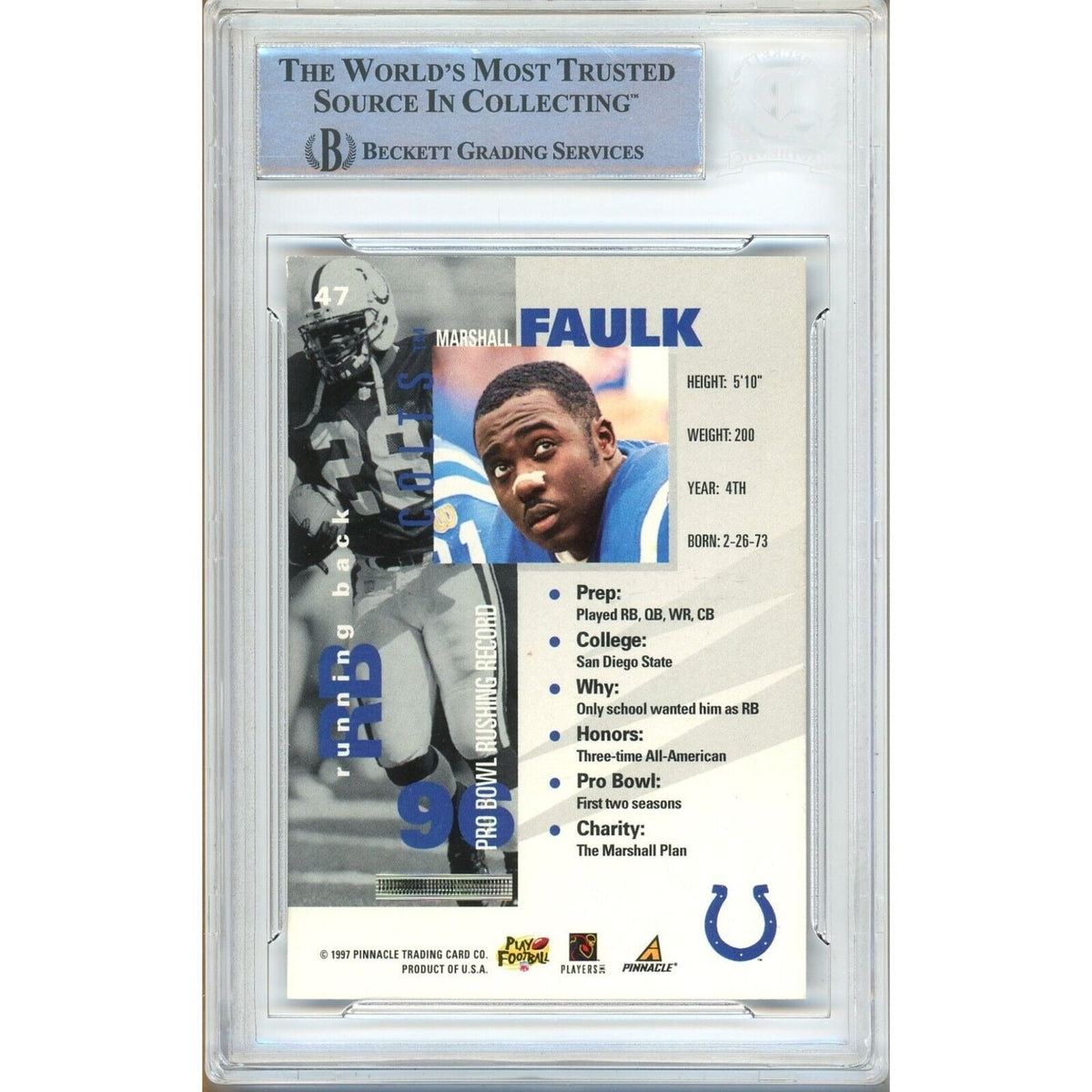 Marshall Faulk Indianapolis Colts Signed Trading Card Beckett BAS