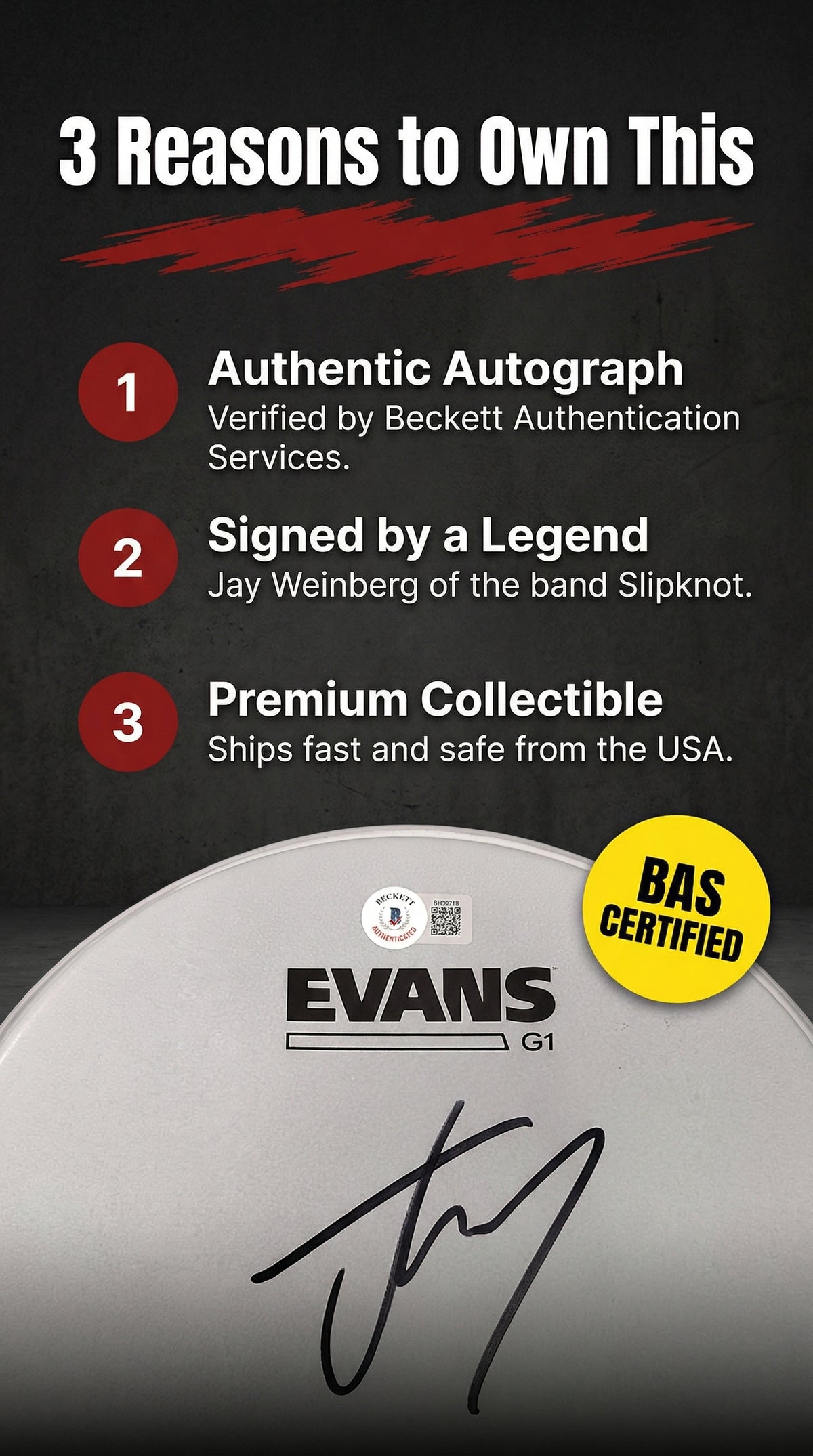Jay Weinberg Of Slipknot Autographed Evans G1 10 Inch Drum Head - Beckett Authentication