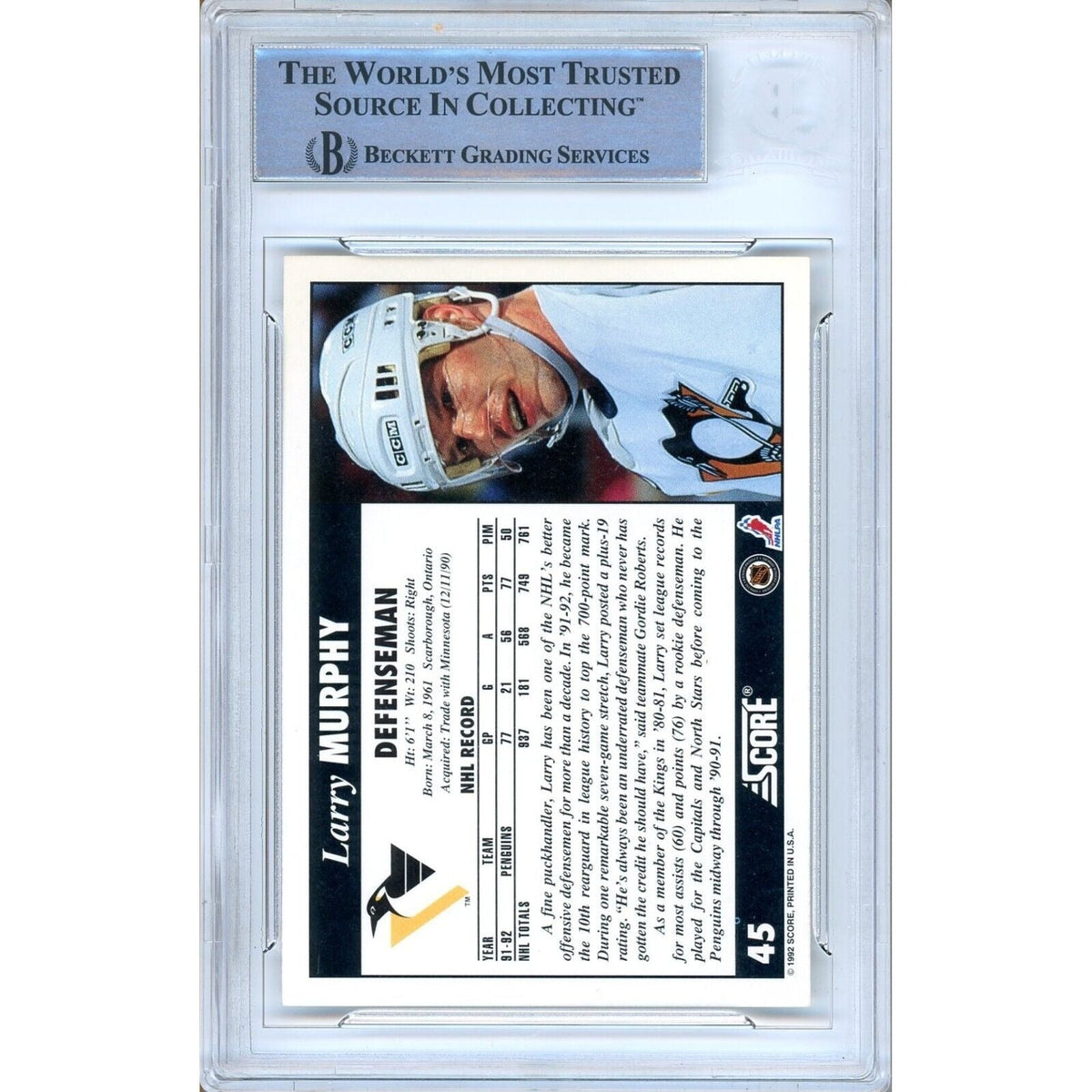Larry Murphy Pittsburgh Penguins Autographed Autograph Trading Card Beckett BAS