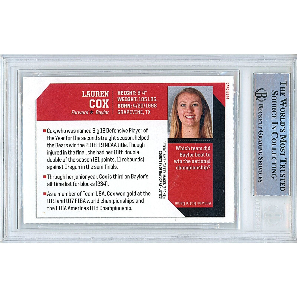 Lauren Cox Baylor Bears Autographed Signed Trading Card Beckett BAS