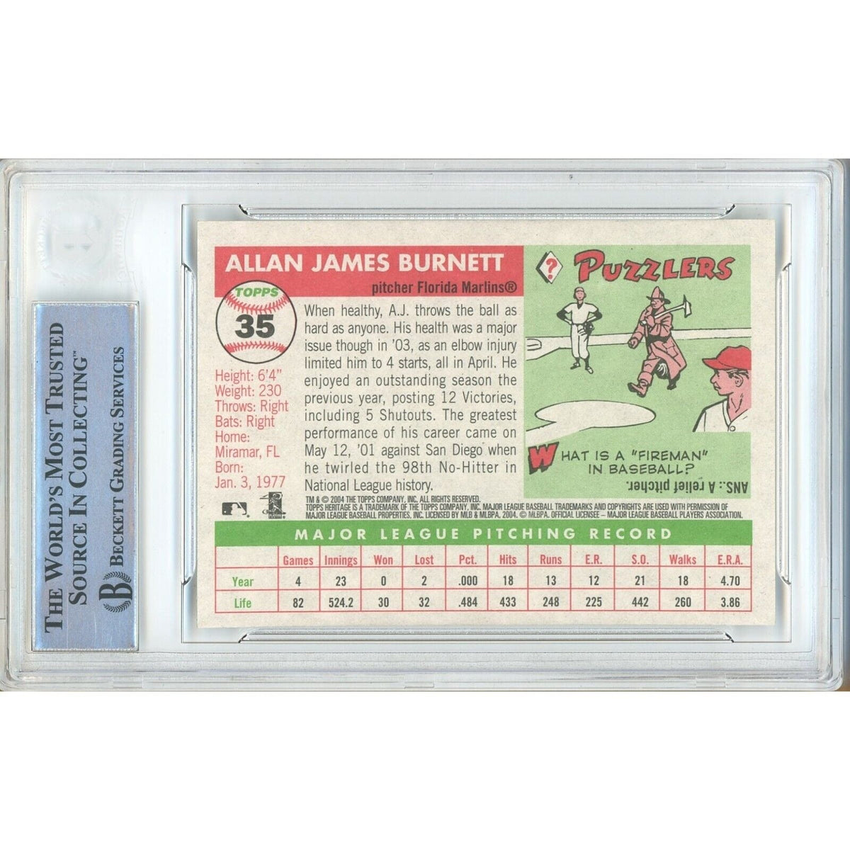 Aj Burnett Miami Marlins Autographed Trading Autograph Card Beckett BAS
