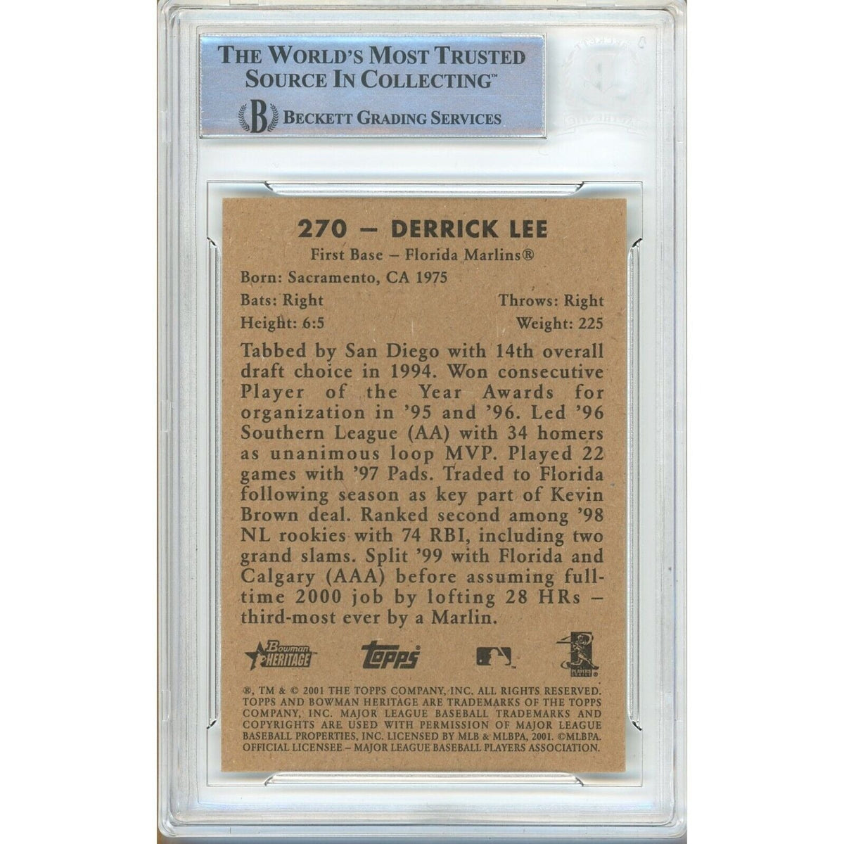 Derrek Lee Bowman Heritage Signed Trading Card Beckett BAS