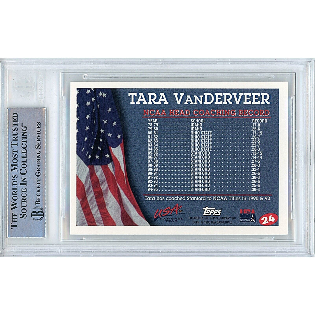 Tara Vanderveer Signed Team Trading Card Beckett BAS