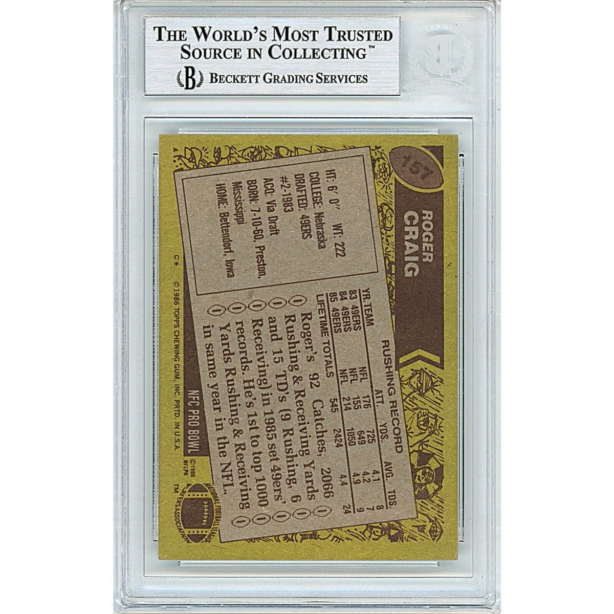 Roger Craig San Francisco Autograph Trading Card Beckett BAS