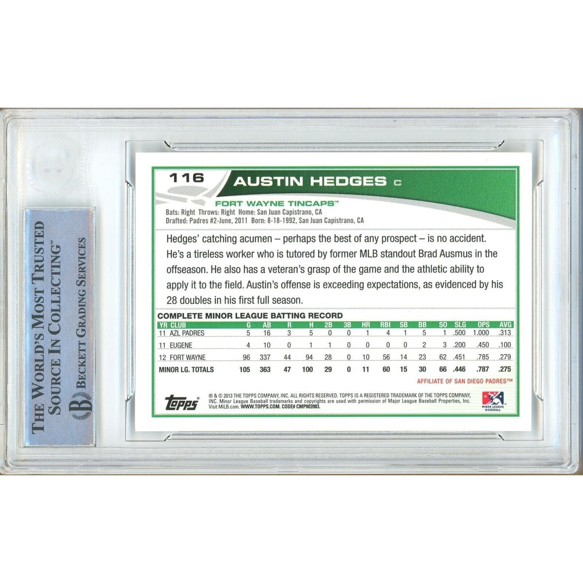 Austin Hedges Topps Pro Debut Signed Trading Card Beckett BAS