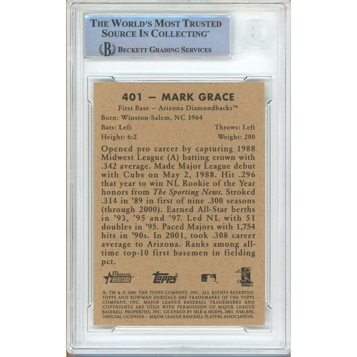 Mark Grace Signed Trading Card Beckett BAS