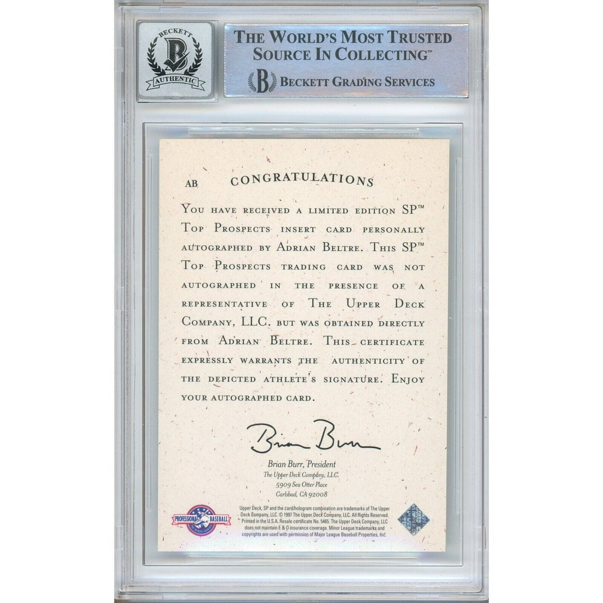 Adrian Beltre Top Prospects Autographs Signed Trading Card Beckett BGS