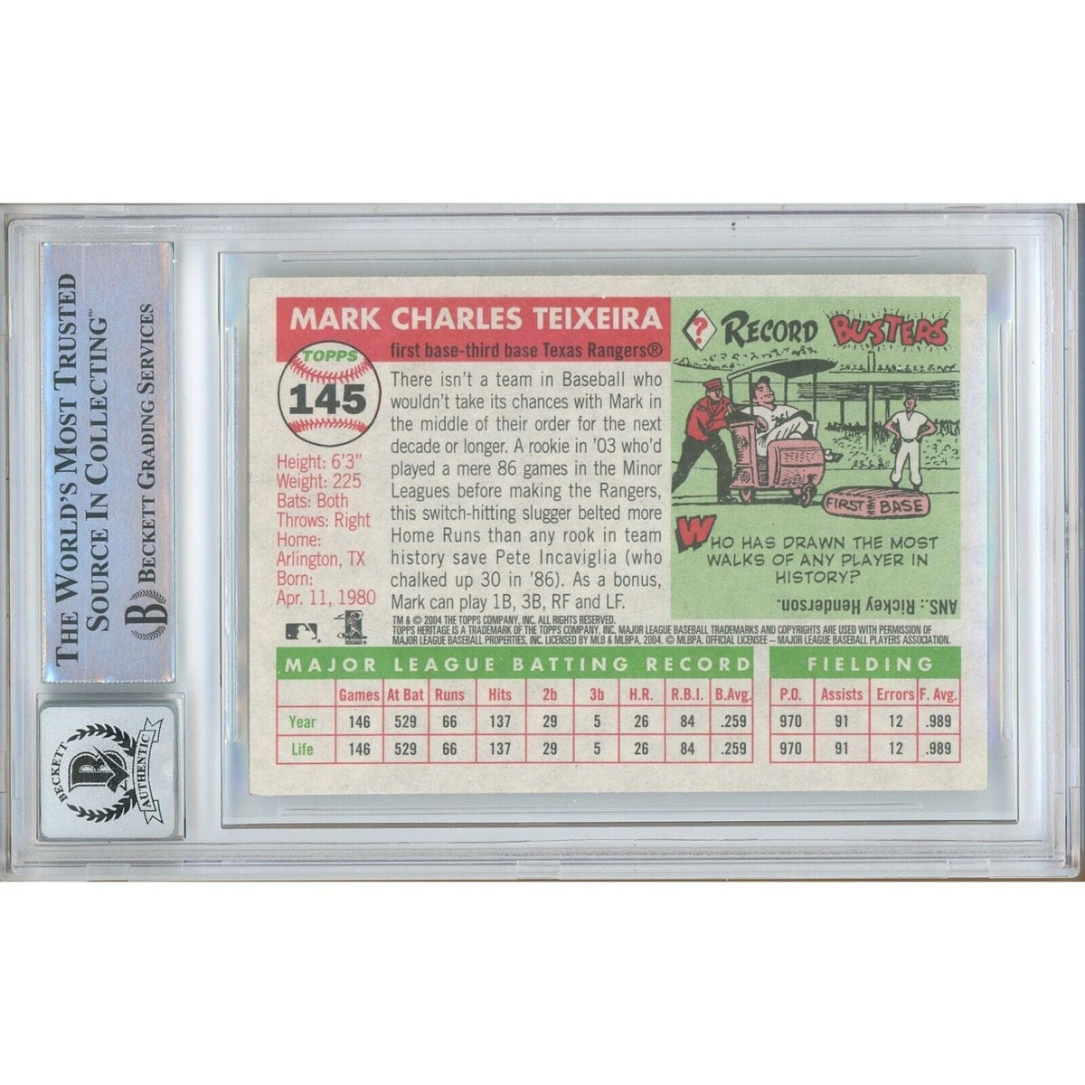 Mark Teixeira Texas Rangers Signed Autograph Trading Card Beckett BGS