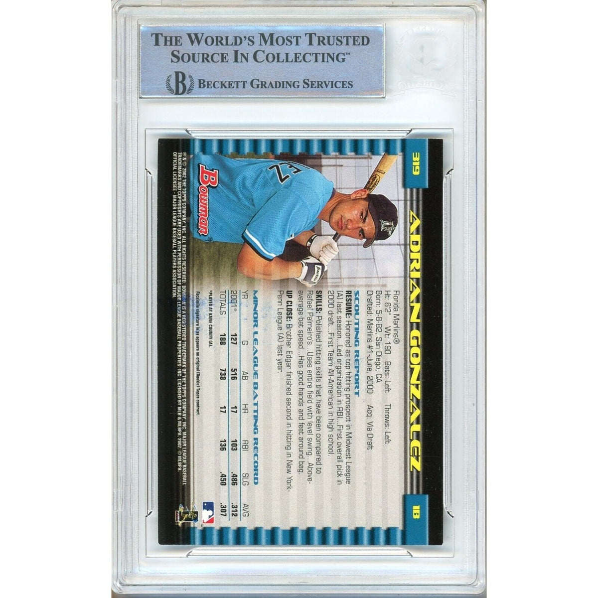 Adrian Gonzalez Miami Marlins Autographed Autograph Trading Card Beckett BAS