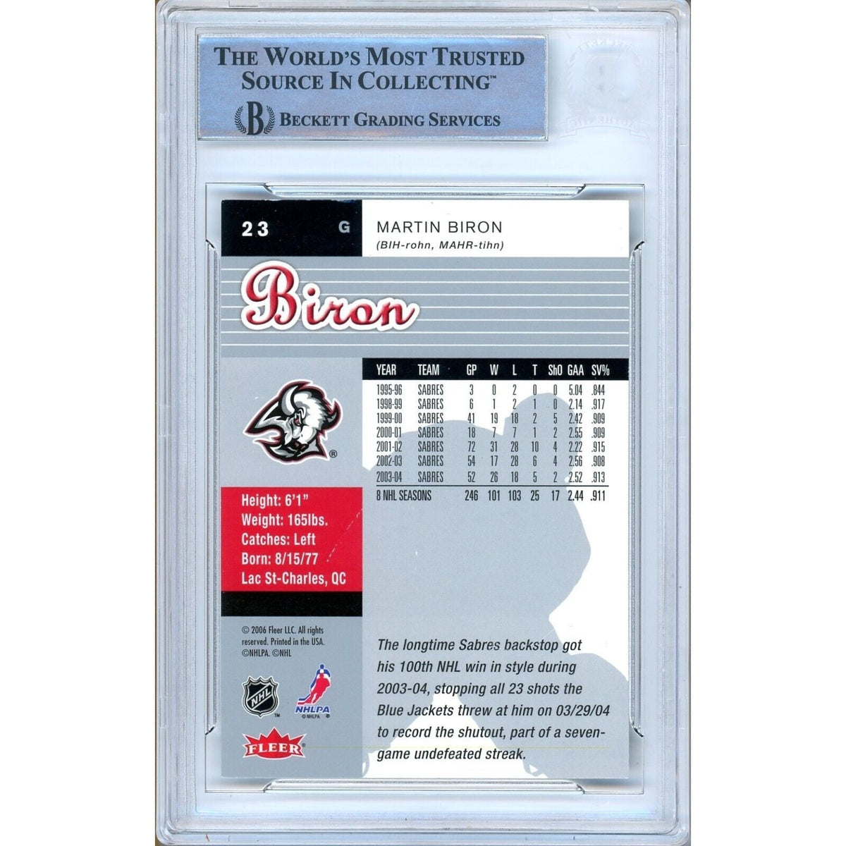 Martin Biron Buffalo Sabres Signed Autograph Trading Card Beckett BAS