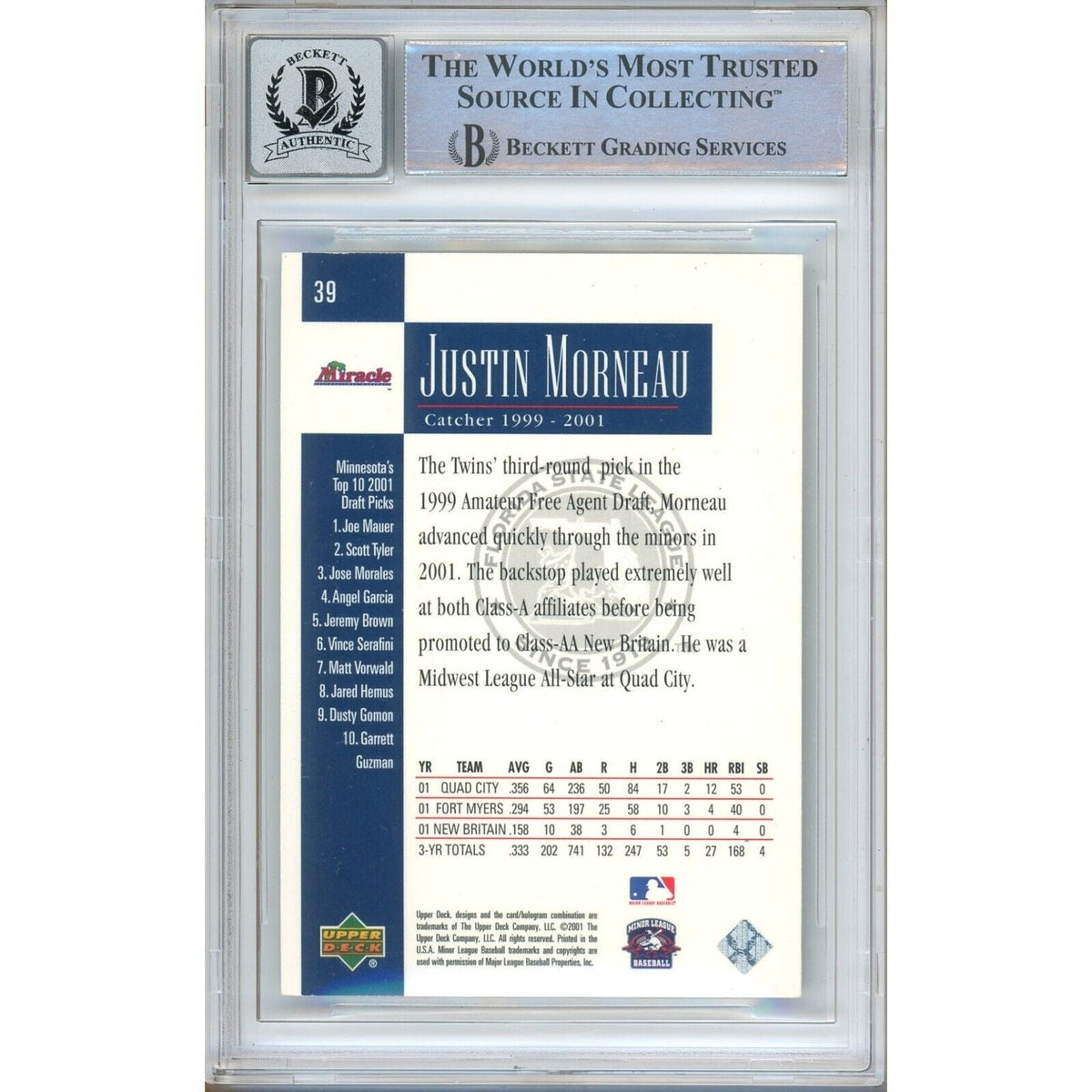 Justin Morneau Upper Deck Minors Signed Trading Card Beckett BGS