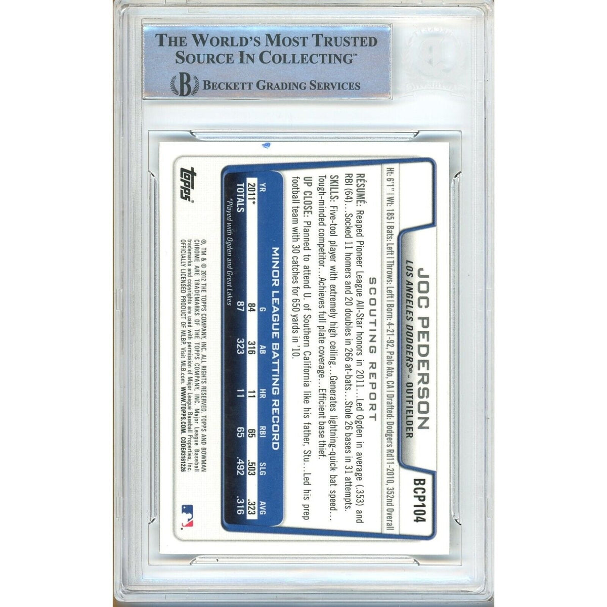 Joc Pederson Autograph Trading Card Beckett BAS
