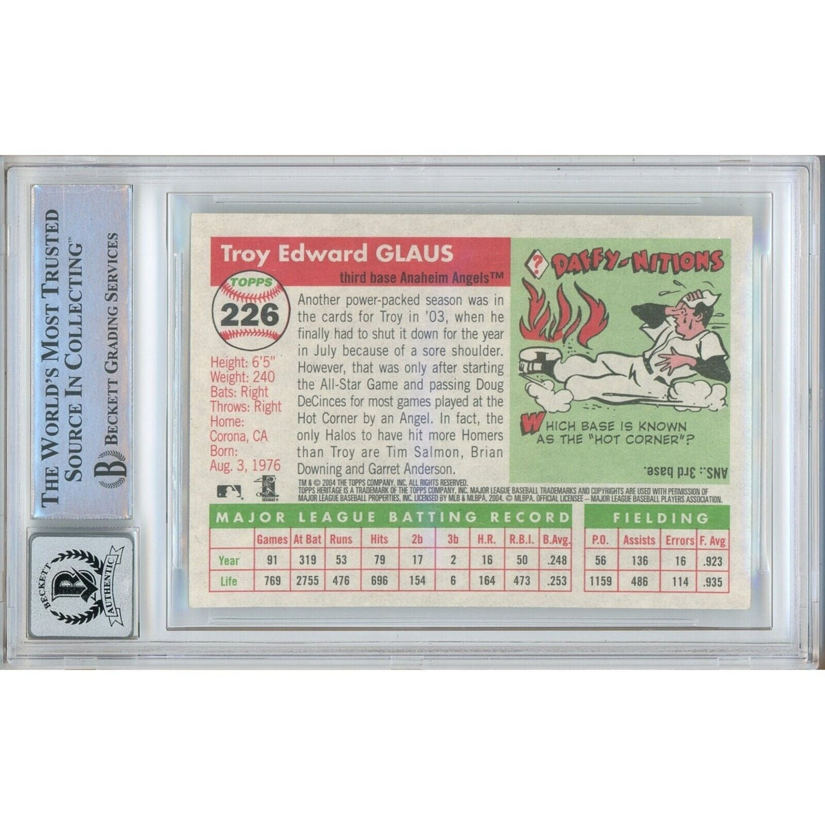 Troy Glaus Autograph Trading Card Beckett BGS
