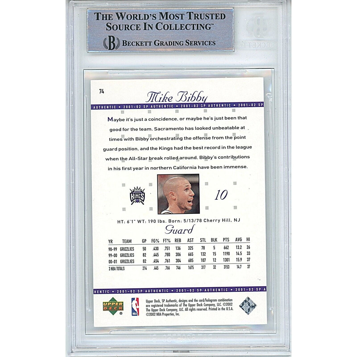 Mike Bibby Sacramento Kings Signed Trading Card Beckett BAS