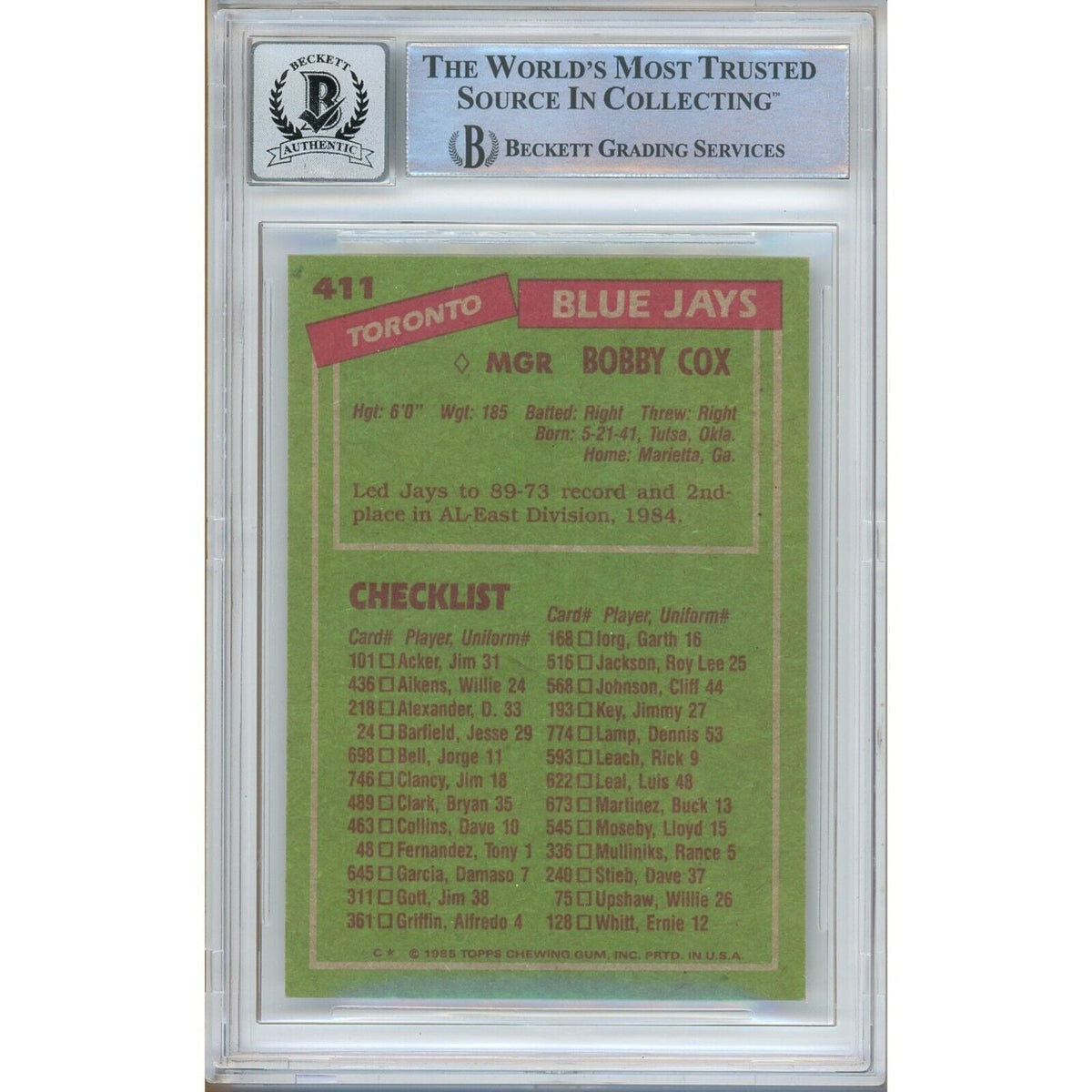 Bobby Cox Toronto Blue Jays Signed Trading Card Beckett BGS