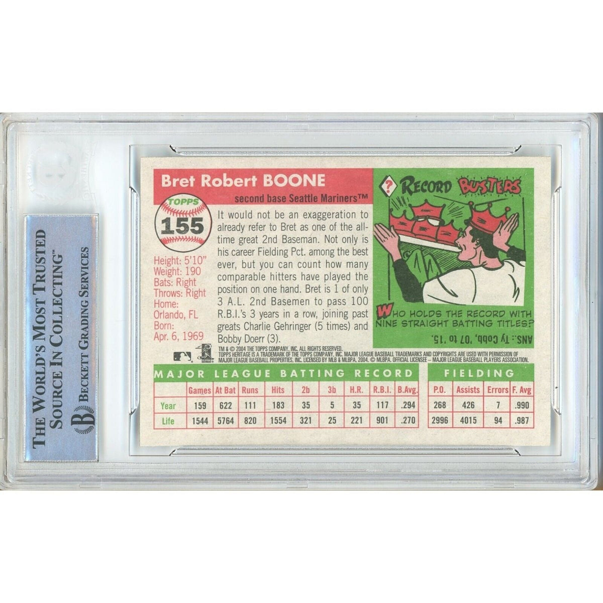 Bret Boone Seattle Mariners Autographed Autograph Trading Card Beckett BAS