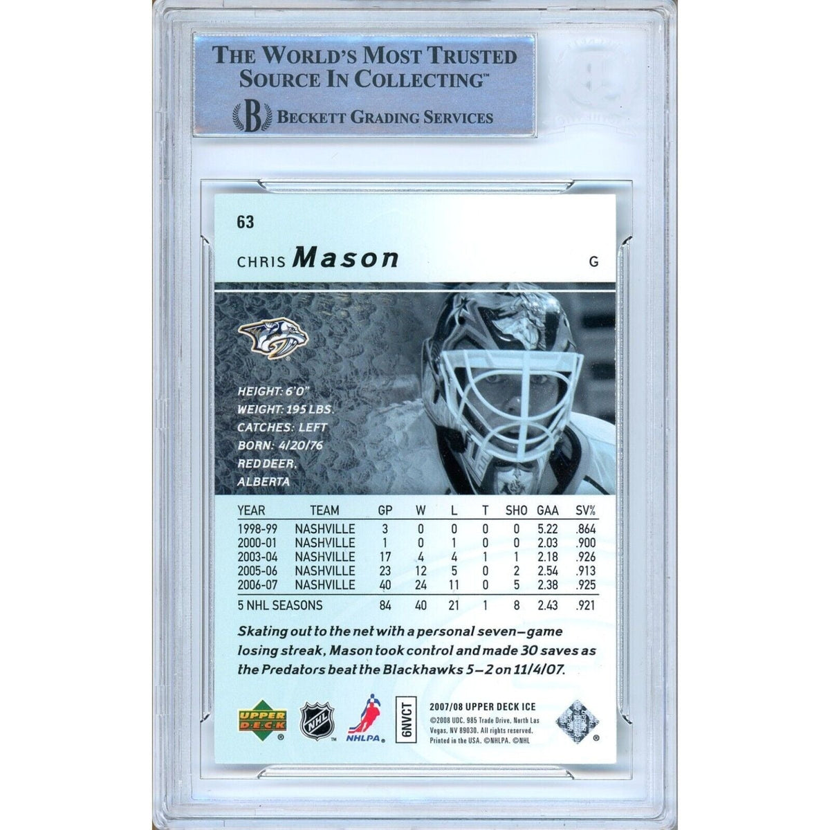Chris Mason Upper Deck Ice Signed Trading Card Beckett BAS