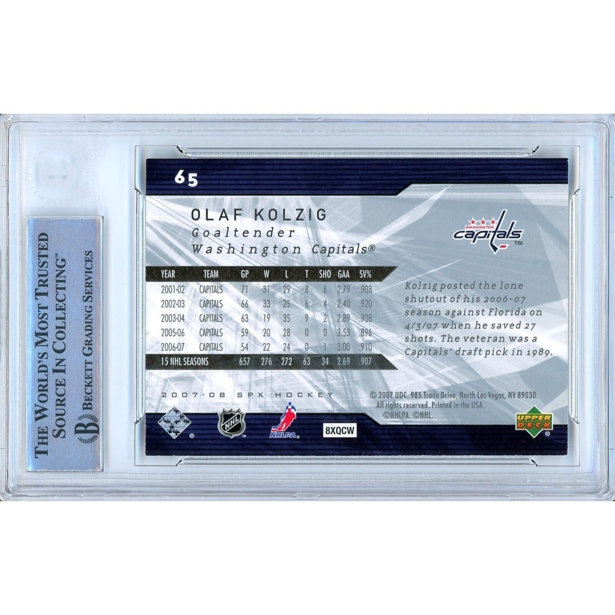 Olaf Kolzig Washington Capitals Signed Autograph Trading Card Beckett BAS