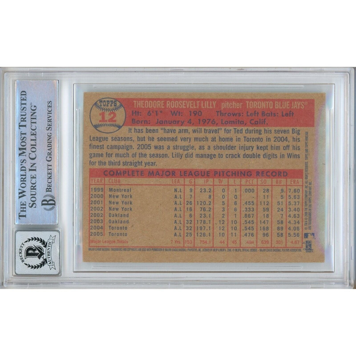 Ted Lilly Toronto Blue Jays Signed Trading Card Beckett BGS