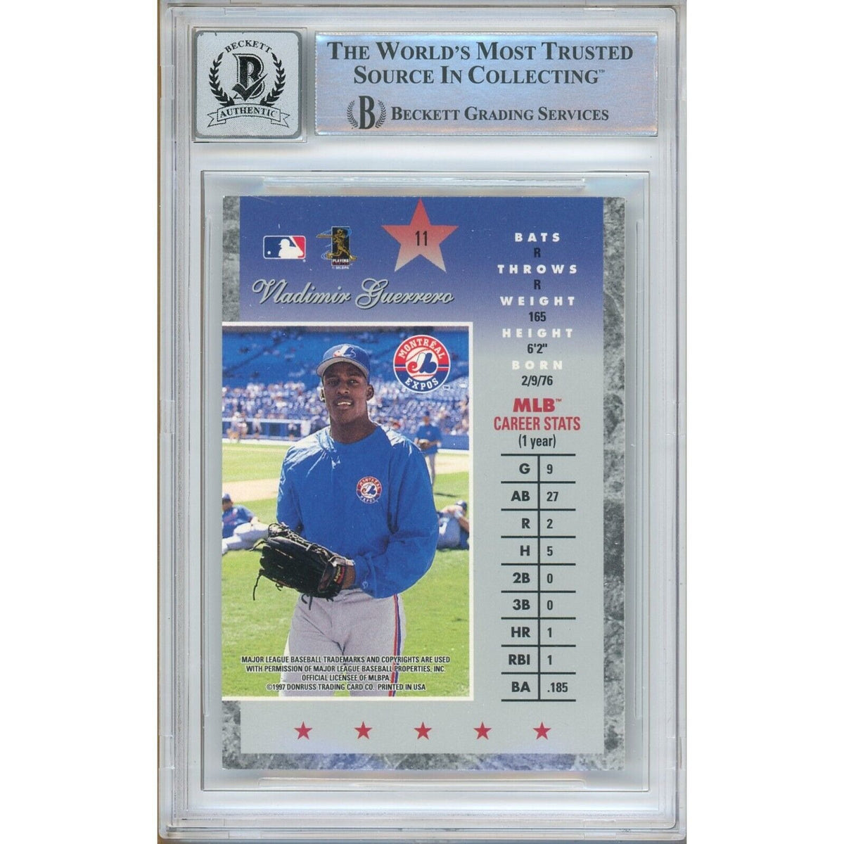 Vladimir Guerrero Montreal Expos Signed Trading Card Beckett BGS
