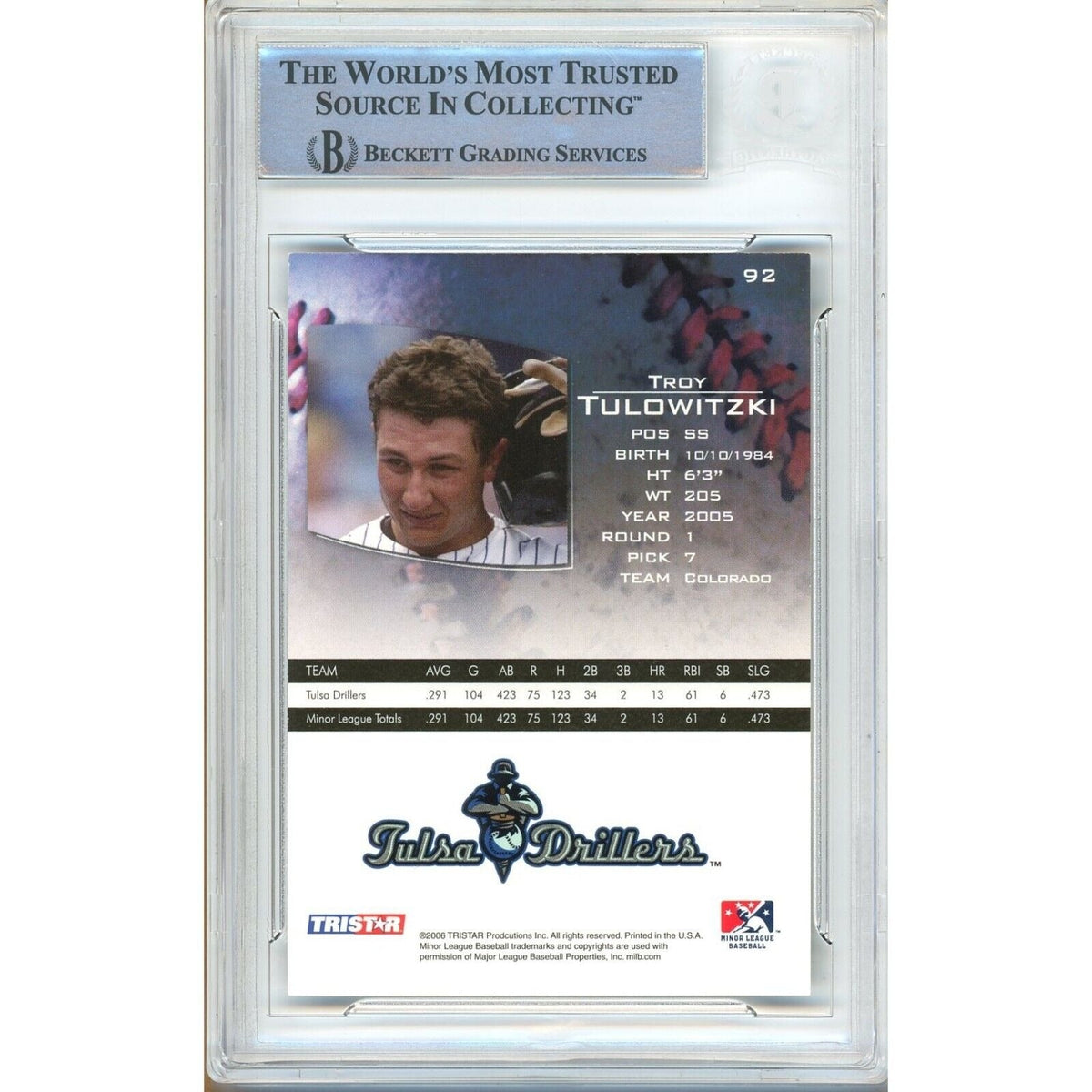 Troy Tulowitzki Colorado Rockies Signed Trading Card Beckett BAS