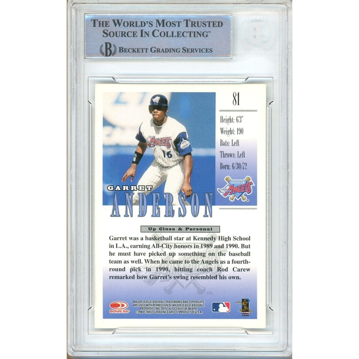 Garret Anderson Donruss Studio Signed Trading Card Beckett BAS