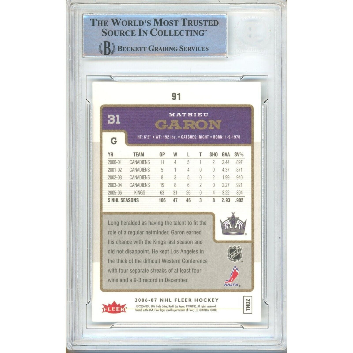 Mathieu Garon Los Angeles Kings Signed Trading Card Beckett BAS