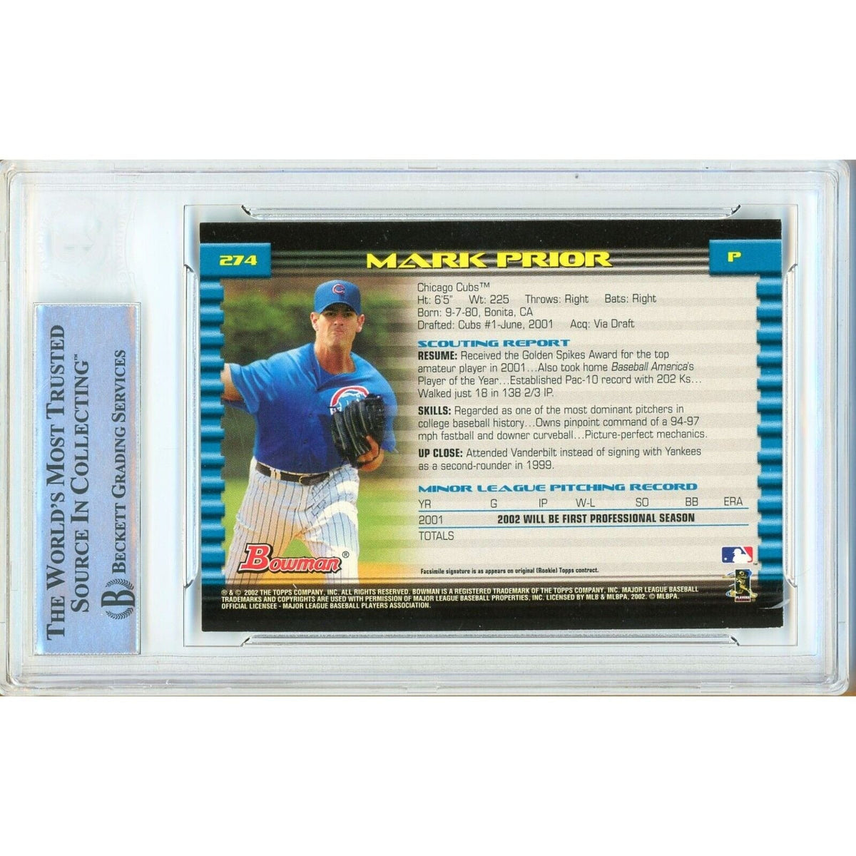 Mark Prior Chicago Cubs Signed Trading Card Beckett BAS