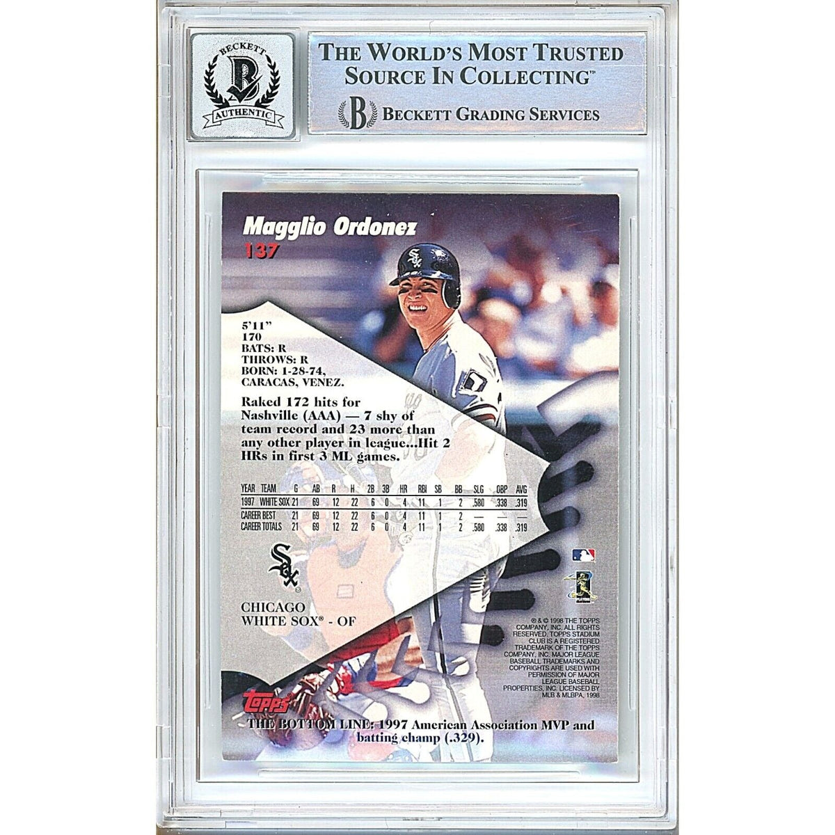 Magglio Ordonez Chicago White Sox Signed Trading Card Beckett BGS