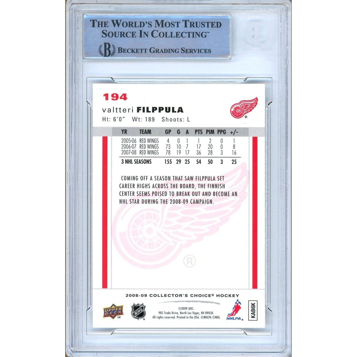 Valtteri Filppula Detroit Red Wings Signed Trading Card Beckett BAS