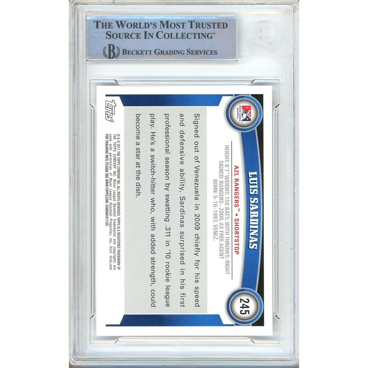 Luis Sardinas Topps Pro Debut Autograph Trading Card Beckett BAS