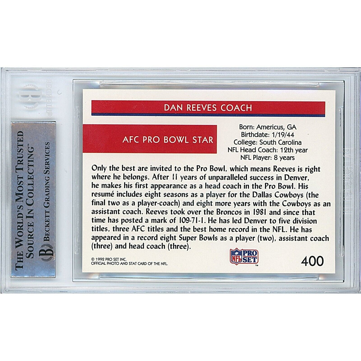 Dan Reeves Pro Set Signed Trading Card Beckett BAS