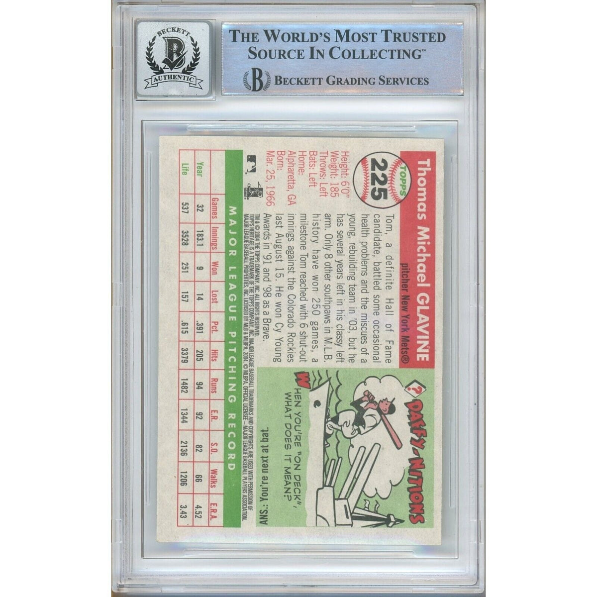 Tom Glavine New York Mets Auto Trading Card Beckett BGS