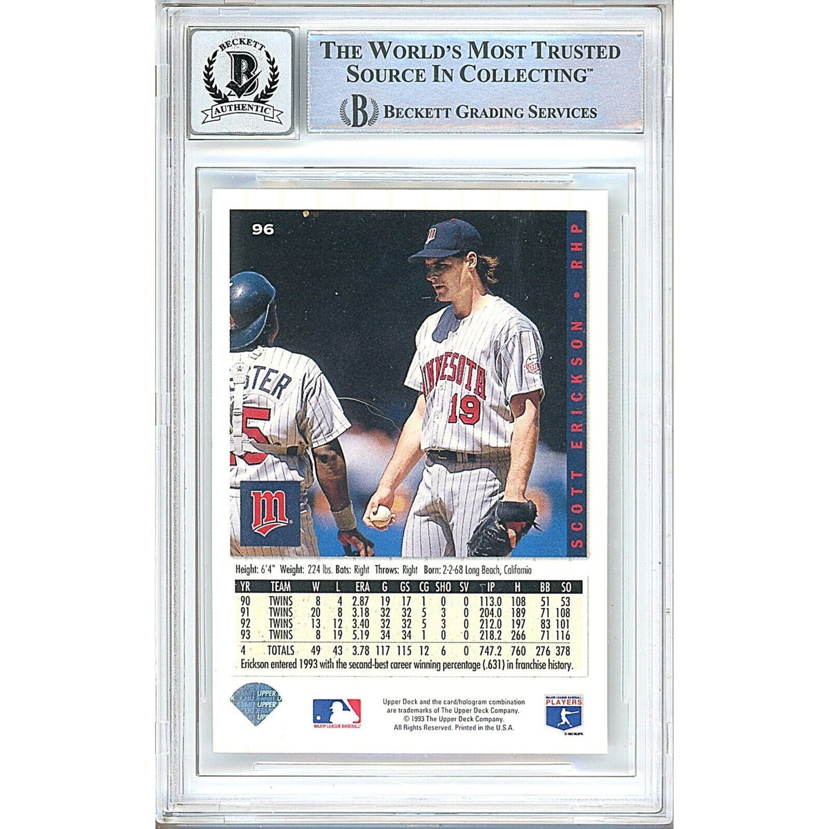 Scott Erickson Minnesota Twins Signed Autograph Trading Card Beckett BGS