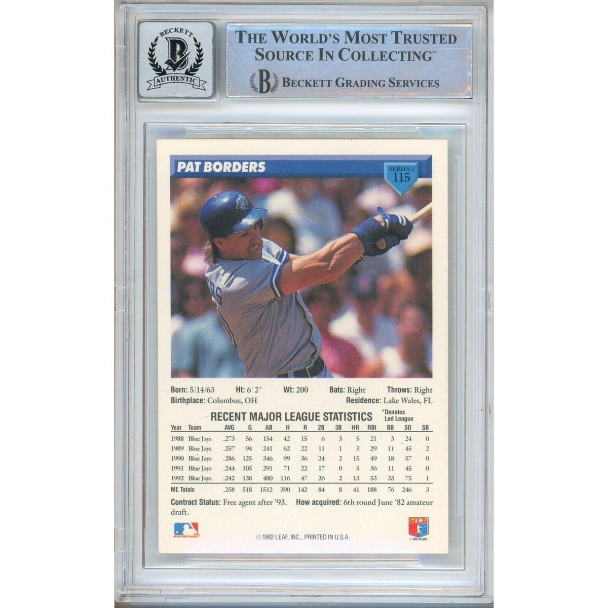 Pat Borders Toronto Blue Jays Signed Trading Card Beckett BGS