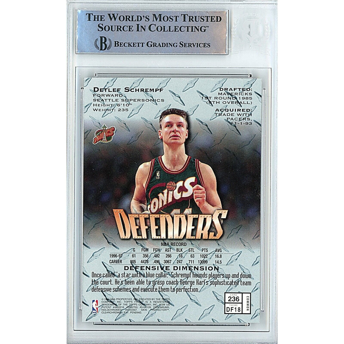 Detlef Schrempf Topps Finest Signed Trading Card Beckett BAS
