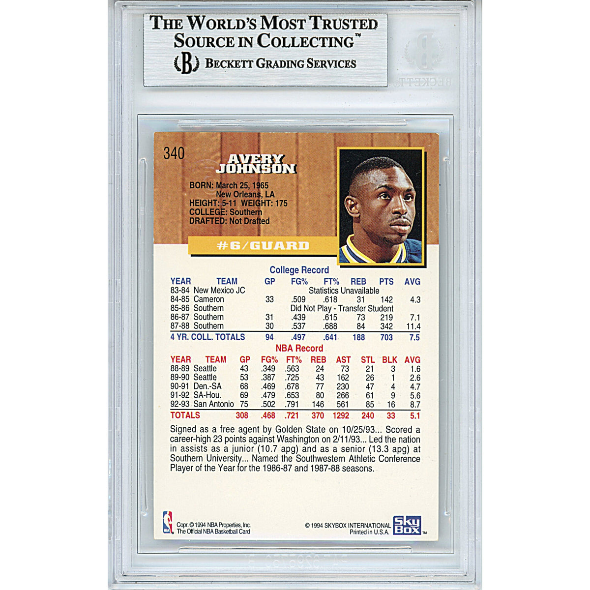 Avery Johnson Hoops Gold Signed Trading Card Beckett BGS