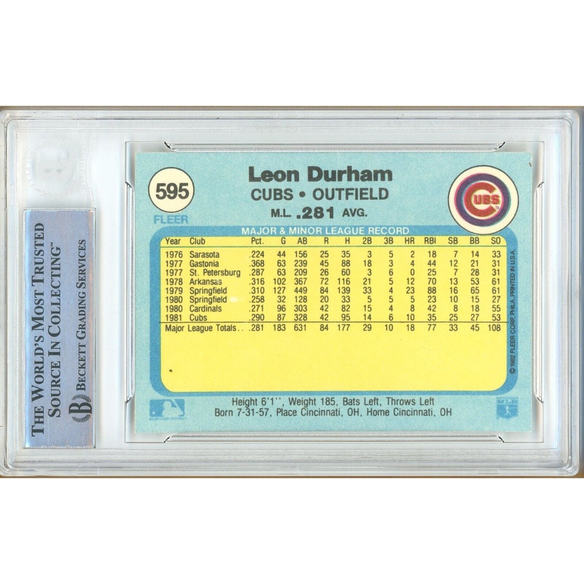 Leon Durham Chicago Cubs Autographed Signed Trading Card Beckett BAS