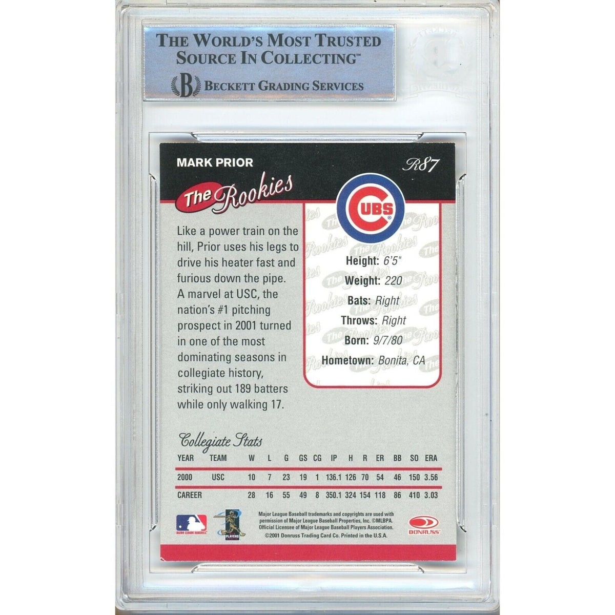 Mark Prior Chicago Cubs Signed Trading Card Beckett BAS
