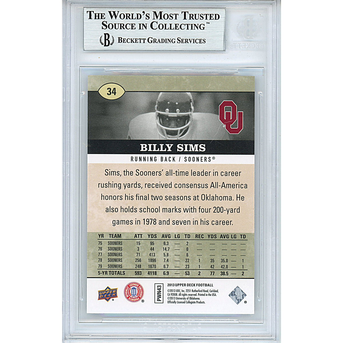 Billy Sims Upper Deck Signed Trading Card Beckett BGS