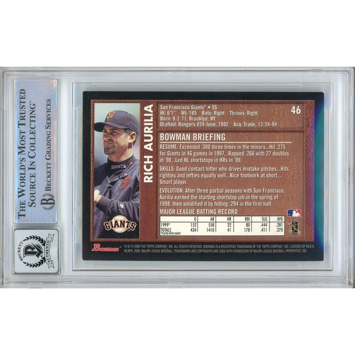 Rich Aurilia San Francisco Giants Autograph Trading Card Beckett BGS