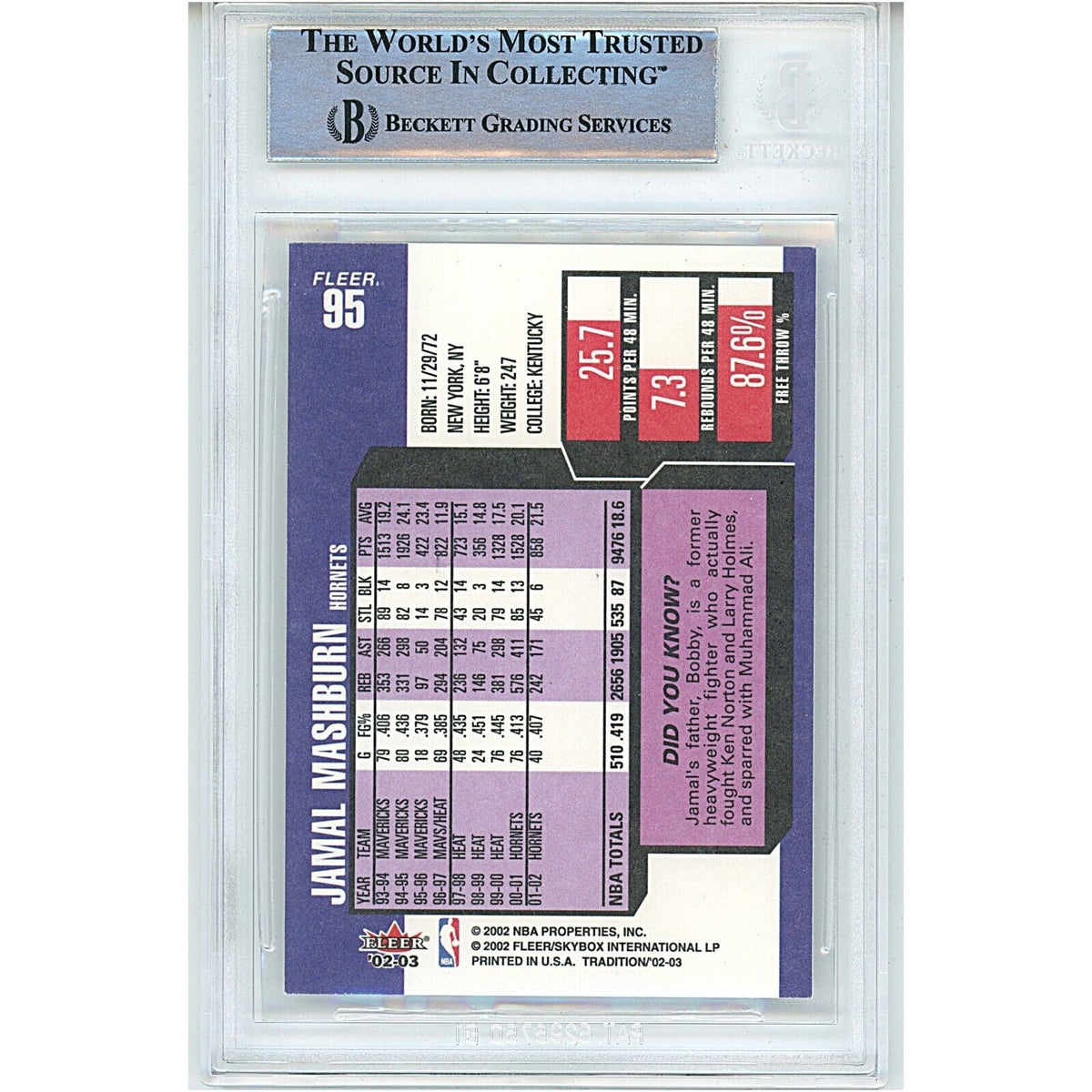 Jamal Mashburn Fleer Tradition Autograph Trading Card Beckett BAS