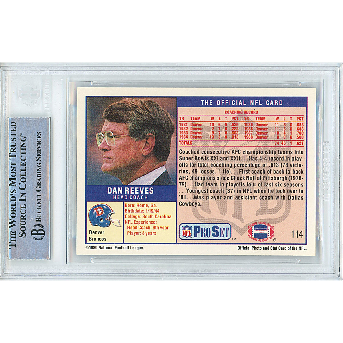Dan Reeves Pro Set Signed Trading Card Beckett BGS