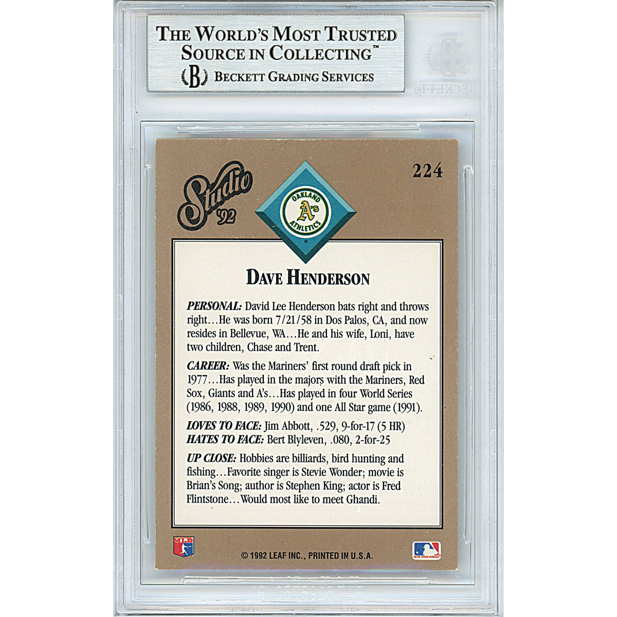 Dave Henderson Donruss Studio Signed Trading Card Beckett BGS