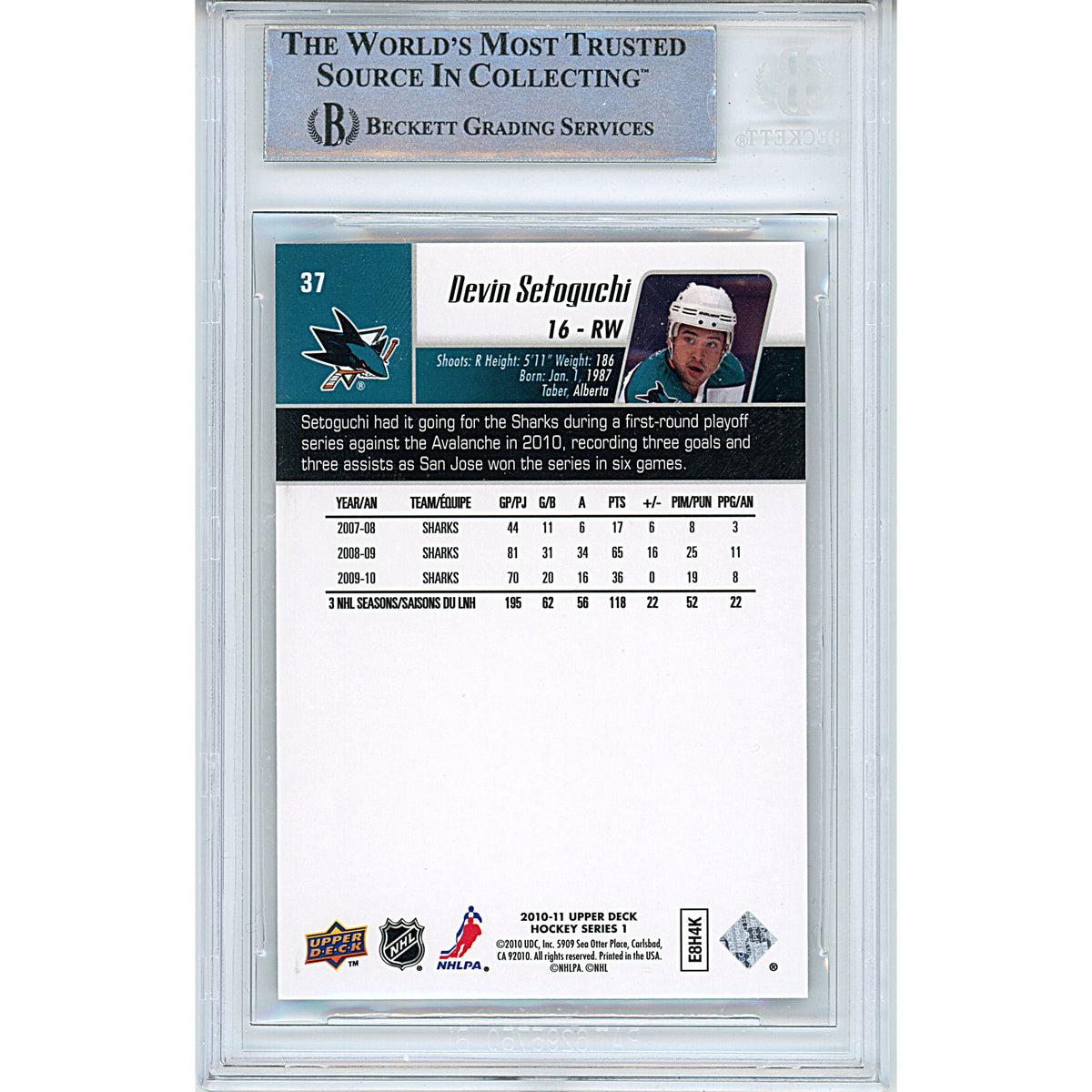 Devin Setoguchi Upper Deck Signed Trading Card Beckett BGS