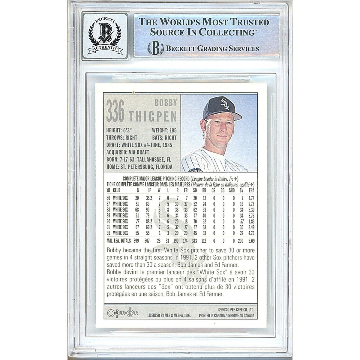 Bobby Thigpen White Sox Autographed Signed Trading Card Beckett BAS